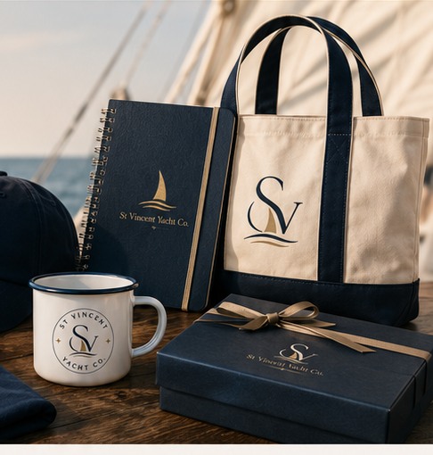 St Vincent Yacht Co. cap, mug, notebook, tote and gift box on a yacht deck