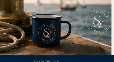St Vincent Yacht Co. mug on a yacht deck beside rope and brass hardware